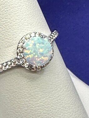 Faux Opal Silver-Tone Ring w/Crystal Accents.  Size 9